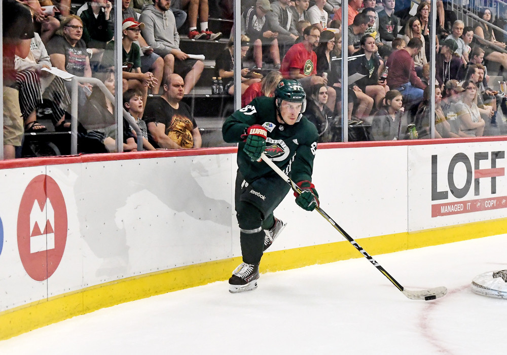 SAINT PAUL, MN - JUNE 28: Minnesota Wild Development Camp attendee Matthew Boldy (67) makes a pass during the Minnesota Wild Development Camp 3-on-3 Tournament on June 28, 2019 at TRIA Rink at Treasure Island Center in St. Paul, MN (Photo by Nick Wosika/Icon Sportswire)