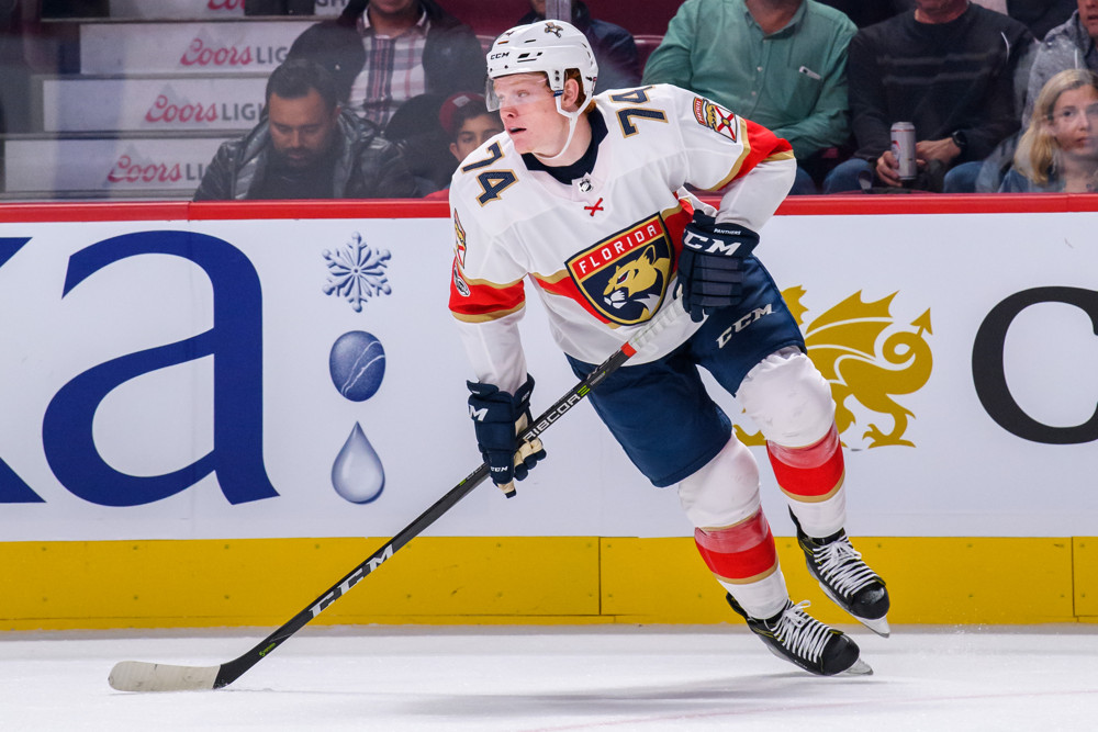 MONTREAL, QC - OCTOBER 24: Florida Panthers right wing Owen Tippett (74) skates during the third period of the NHL game between the Florida Panthers and the Montreal Canadiens on October 24, 2017, at the Bell Centre in Montreal, QC (Photo by Vincent Ethier/Icon Sportswire)