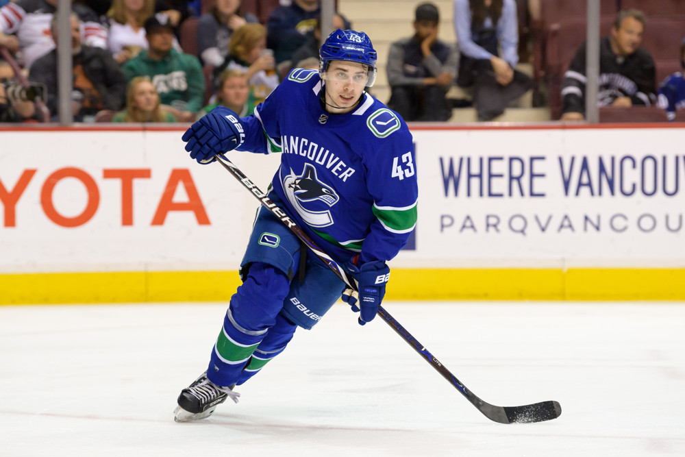 VANCOUVER, BC - MARCH 30: Vancouver Canucks Defenceman Quinn Hughes (43) skates up ice during their NHL game against the Dallas Stars at Rogers Arena on March 30, 2019 in Vancouver, British Columbia, Canada. Vancouver won 3-2 in a shootout. (Photo by Derek Cain/Icon Sportswire)