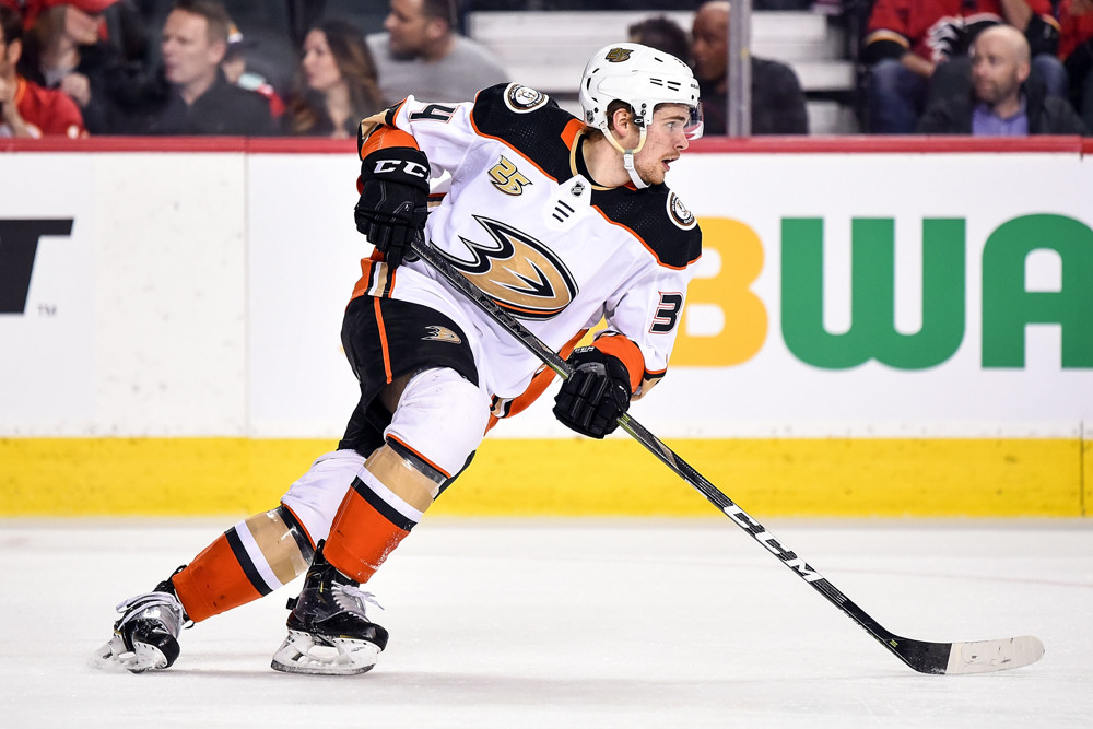 CALGARY, AB - MARCH 29: Anaheim Ducks Center Sam Steel (34) skates during the first period of an NHL game where the Calgary Flames hosted the Anaheim Ducks on March 29, 2019, at the Scotiabank Saddledome in Calgary, AB. (Photo by Brett Holmes/Icon Sportswire)
