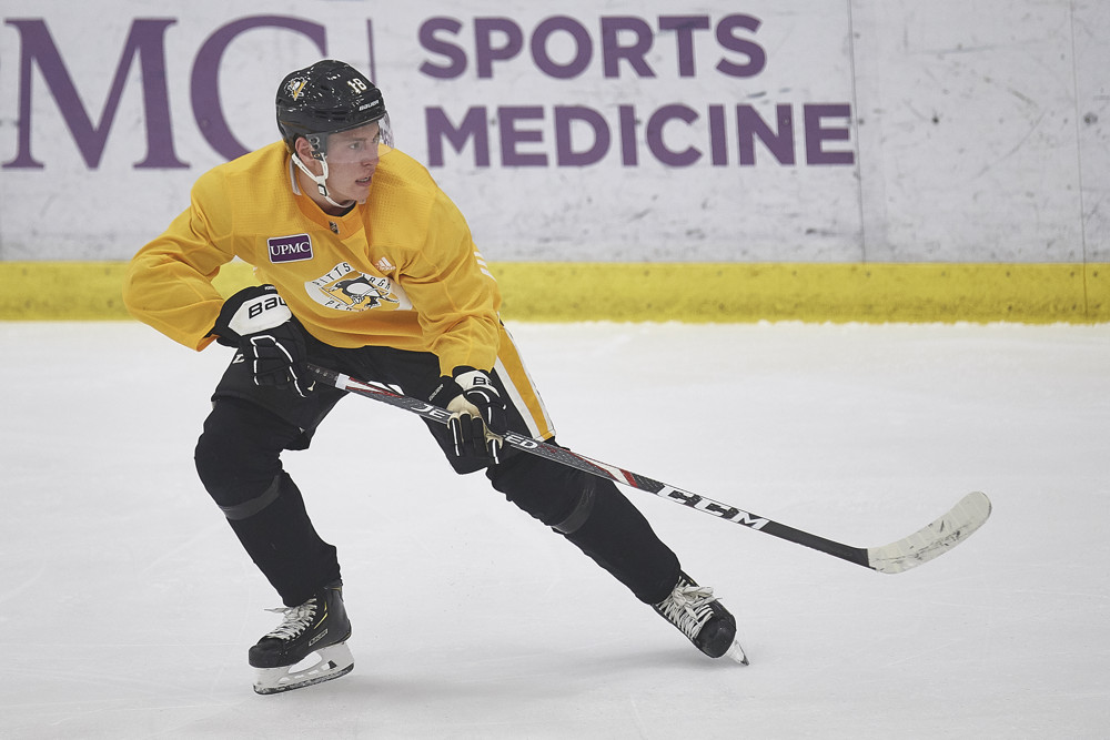 CRANBERRY, PA - JUNE 28: Pittsburgh Penguins Prospect Forward Samuel Poulin (18) during the Pittsburgh Penguins Development Camp 3-on-3 Tournament on June 28, 2019 at the UPMC Lemieux Sports Complex in Cranberry, PA. (Photo by Shelley Lipton/Icon Sportswire)