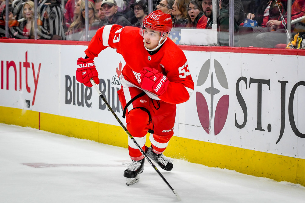 DETROIT, MI - APRIL 20: Detroit Red Wings left wing Taro Hirose (53) hustles after the puck during the Detroit Red Wings game versus the New York Islanders on March 16, 2019, at Little Caesars Arena in Detroit, Michigan. (Photo by Steven King/Icon Sportswire)