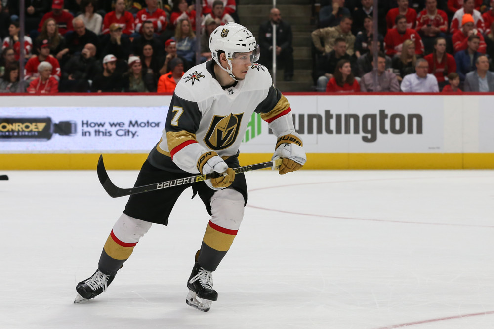 DETROIT, MI - FEBRUARY 07:  Vegas Golden Knights forward Valentin Zykov, of Russia, (7) skates during a regular season NHL hockey game between the Vegas Golden Knights and the Detroit Red Wings on February 7, 2019, at Little Caesars Arena in Detroit, Michigan.  (Photo by Scott Grau/Icon Sportswire)