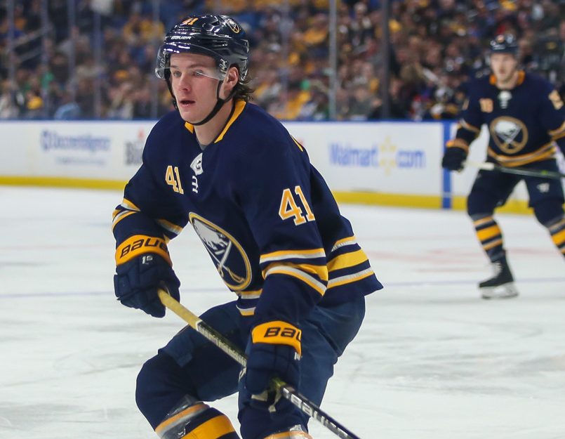 BUFFALO, NY - APRIL 02: Buffalo Sabres left wing Victor Olofsson (41) skates during a game between the Nashville Predators and the  Buffalo Sabres on April 02, 2019, at the KeyBank Center in Buffalo, NY. (Photo by Jerome Davis/Icon Sportswire)