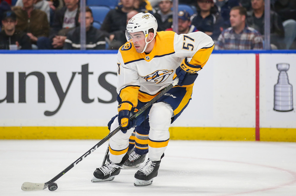 BUFFALO, NY - APRIL 02: Nashville Predators defenseman Dante Fabbro (57) skates up ice during a game between the Nashville Predators and the  Buffalo Sabres on April 02, 2019, at the KeyBank Center in Buffalo, NY. (Photo by Jerome Davis/Icon Sportswire)