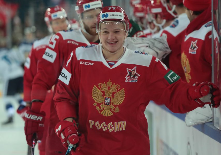 MOSCOW, RUSSIA - DECEMBER 16: forward Kirill Kaprizov (77) of Russia National Team celebrates the score during Euro Hockey Tour Channel One Cup ice hockey match between Russia and Finland on December 16, 2018, in VTB Ice Palace at Park of Legends, Moscow, Russia. (Photo by Anatoliy Medved/Icon Sportswire)