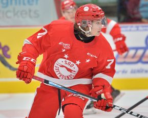 Tanner Dickinson of the Sault Ste. Marie Greyhounds. Photo by Terry Wilson / OHL Images.