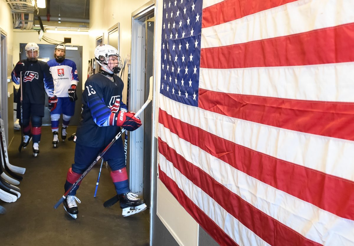 ORNSKOLDSVIK, SWEDEN - APRIL 19: USAÕs Cole Caufield #13 walks to the dressing room after warm-up and prior to preliminary round action against Slovakia at the 2019 IIHF Ice Hockey U18 World Championship at Fjallraven Center on April 19, 2019 in Ornskoldsvik, Sweden. (Photo by Steve Kingsman/HHOF-IIHF Images)