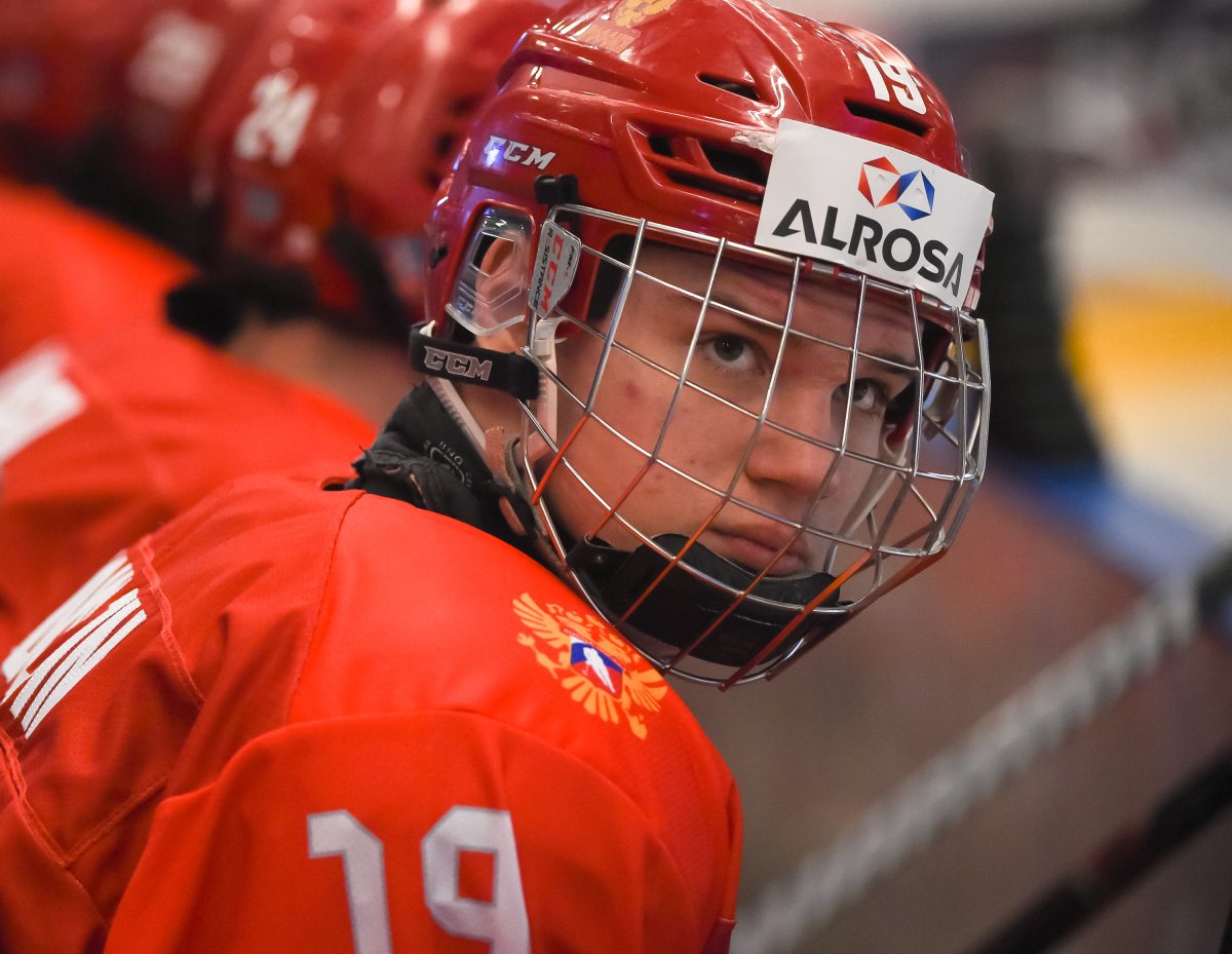 ORNSKOLDSVIK, SWEDEN - APRIL 18: RussiaÕs Vasili Podkolzin #19 looks on from the bench during preliminary round action against Slovakia at the 2019 IIHF Ice Hockey U18 World Championship at Fjallraven Center on April 18, 2019 in Ornskoldsvik, Sweden. (Photo by Steve Kingsman/HHOF-IIHF Images)