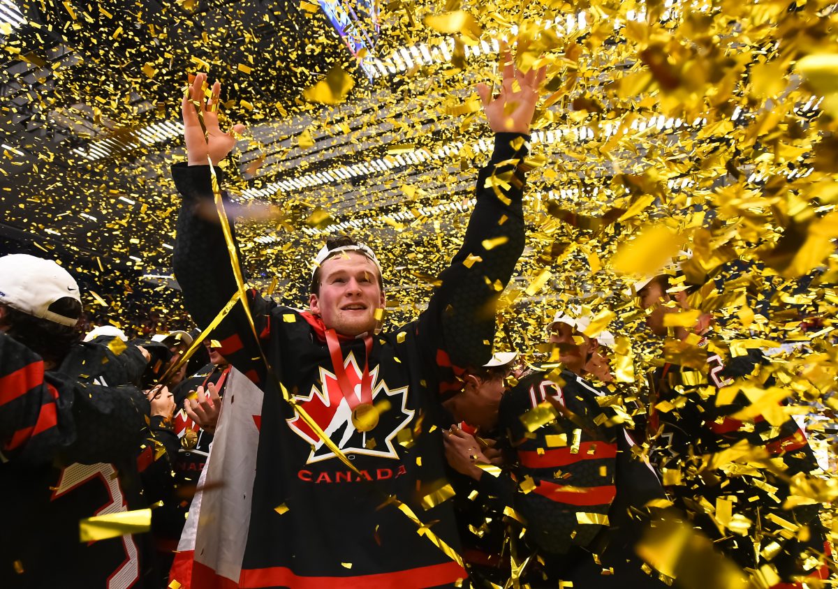 OSTRAVA, CZECH REPUBLIC - JANUARY 5: Canada's Alexis Lafreniere #11 celebrates winning the IIHF Championship at the 2020 IIHF World Junior Championship at Ostravar Arena on January 5, 2020 in Ostrava, Czech Republic. (Photo by Matt Zambonin/HHOF-IIHF Images)