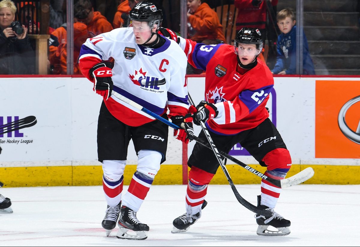 Alexis Lafreniere and Marco Rossi - Action from the 2020 Kubota CHL/NHL Top Prospects Game from Hamilton Ontario. Photo courtesy of CHL