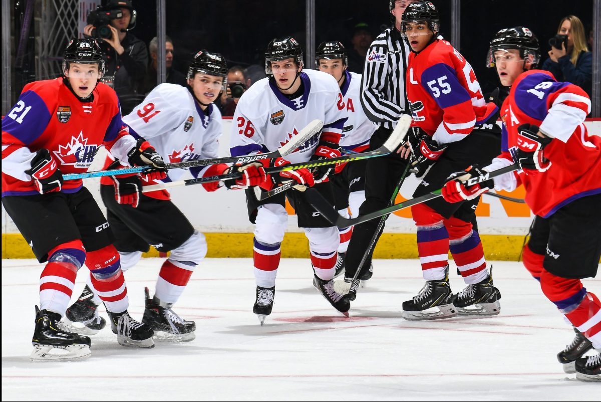Jack Neighbours 21 Cole Perfetti 91 Jaromir Pytlick 26 Quinton Byfield 55 and Dawson Mercer 19 at the KUBOTA/CHL Top Prospects Game. Photo courtesy of CHL