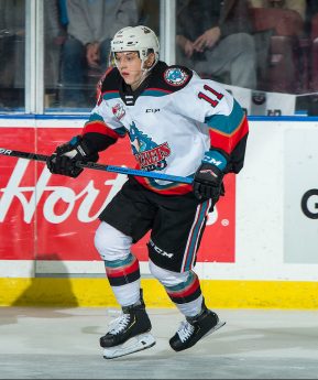 KELOWNA, BC - DECEMBER 27:  Pavel Novak #11 of the Kelowna Rockets skates against the Kamloops Blazers at Prospera Place on December 27, 2019 in Kelowna, Canada. (Photo by Marissa Baecker/Shoot the Breeze)