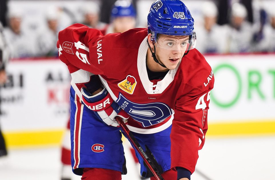 LAVAL, QC - FEBRUARY 05: Laval Rocket center Jesperi Kotkaniemi (45) waits for a faceoff during the Utica Comets versus the Laval Rocket game on February 05, 2020, at Place Bell in Laval, QC (Photo by David Kirouac/Icon Sportswire)