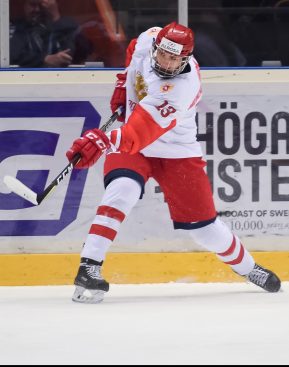 ORNSKOLDSVIK, SWEDEN - APRIL 28: Russias Shakir Mukhamadullin #13 lets a shot go during gold medal game action against Sweden at the 2019 IIHF Ice Hockey U18 World Championship at Fjallraven Center on April 28, 2019 in Ornskoldsvik, Sweden. (Photo by Steve Kingsman/HHOF-IIHF Images)