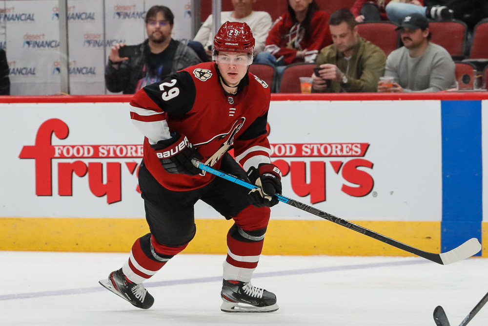 GLENDALE, AZ - NOVEMBER 07:  Arizona Coyotes center Barrett Hayton (29) skates during the NHL hockey game between the Columbus Blue Jackets and the Arizona Coyotes on November 7, 2019 at Gila River Arena in Glendale, Arizona. (Photo by Kevin Abele/Icon Sportswire)