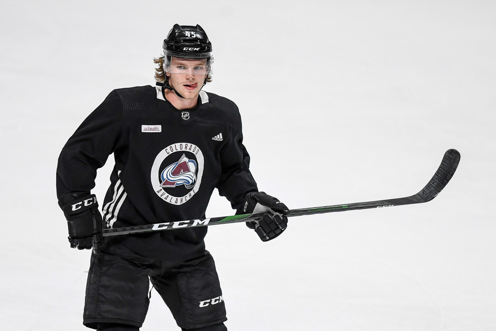 DENVER, CO - JULY 13: Colorado Avalanche defenseman Bowen Byram (45) skates during a training session at the Pepsi Center in Denver, Colorado on July 13, 2020. (Photo by Dustin Bradford/Icon Sportswire)