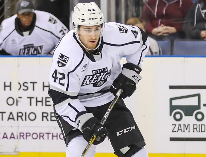 ONTARIO, CA - DECEMBER 02: Ontario Reign Forward Gabe Vilardi (42) skates with the puck during an AHL regular season game between the Ontario Reign and Tucson Roadrunners on December 2, 2018 at Citizens Business Bank Arena in Ontario, California. (Photo by Joshua Lavallee/Icon Sportswire)