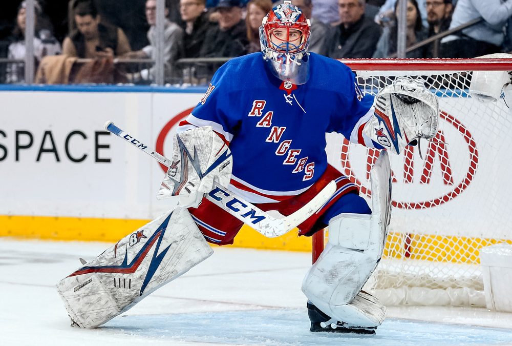 NEW YORK, NY - JANUARY 09: New York Rangers Goalie Igor Shesterkin (31) in action during the National Hockey League game between the New Jersey Devils and the New York Rangers on January 9, 2020 at Madison Square Garden in New York, NY. (Photo by Joshua Sarner/Icon Sportswire)