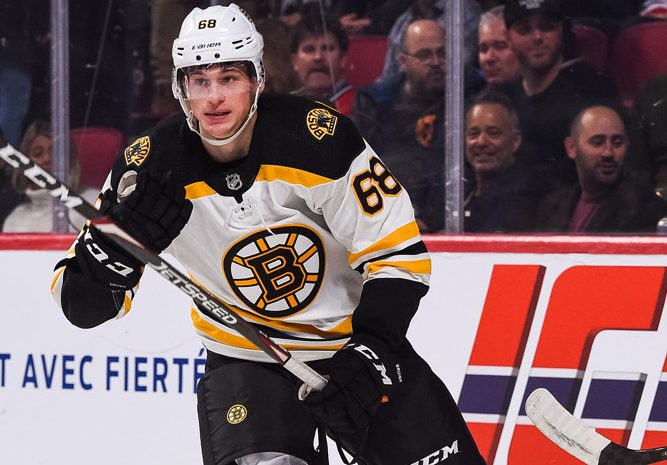 MONTREAL, QC - NOVEMBER 26: Look on Boston Bruins center Jack Studnicka (68) during the Boston Bruins versus the Montreal Canadiens game on November 26, 2019, at Bell Centre in Montreal, QC (Photo by David Kirouac/Icon Sportswire)