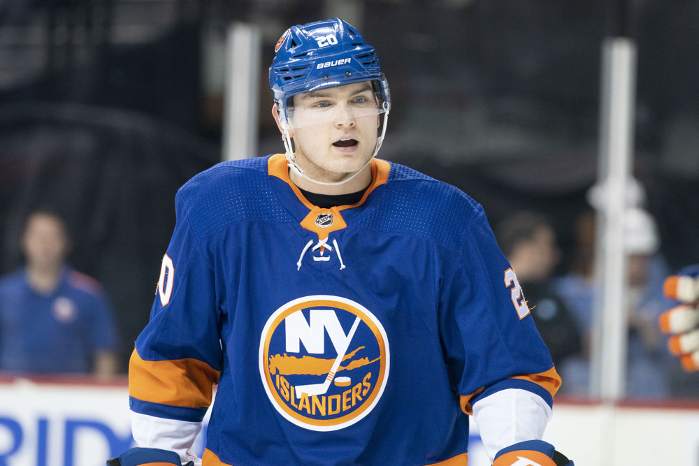 UNIONDALE, NY - FEBRUARY 06: New York Islanders Left Wing Kieffer Bellows (20) during the third period of the National Hockey League game between the Los Angeles Kings and the New York Islanders on February 6, 2020 at the Barclays Center in Brooklyn, NY. (Photo by Gregory Fisher/Icon Sportswire)