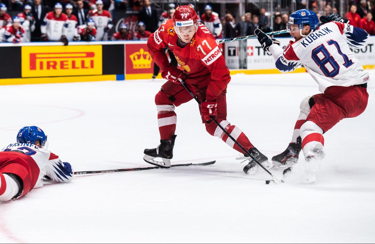Filip Hronek and Dominik Kubalik of Czech Republic against Kirill Kaprizov of Russia during the 2019 IIHF Ice Hockey World Championship bronze medal game between Russia and Czech Republic on May 26, 2019 in Bratislava. Photo: Joel Marklund / BILDBYRÅN / 