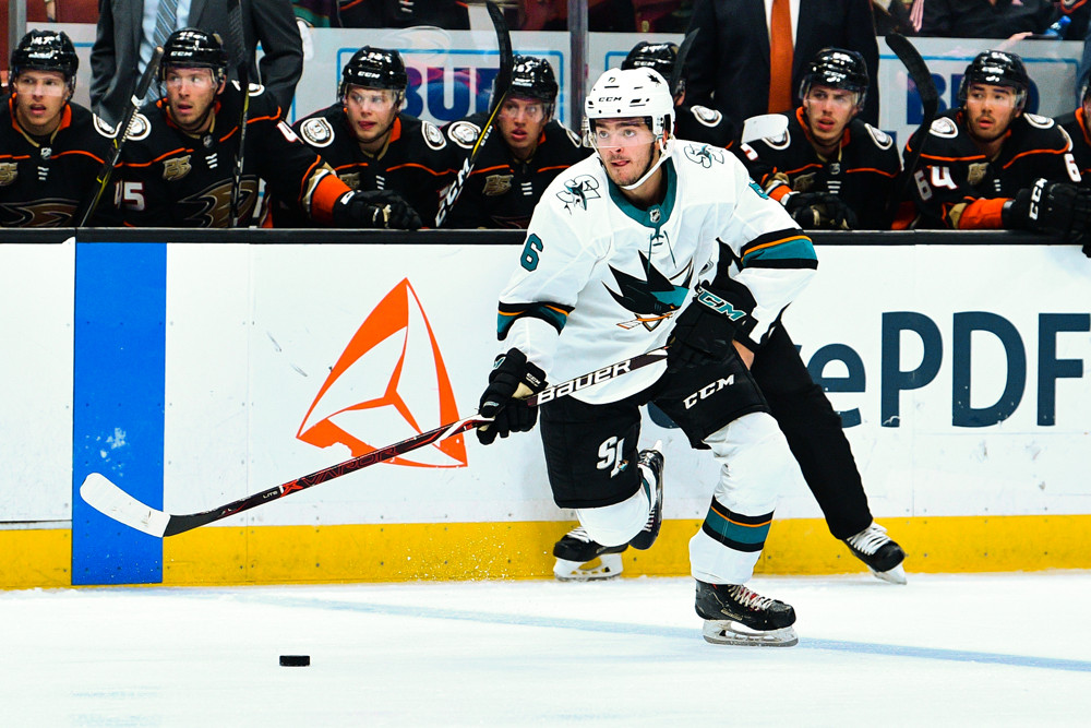 ANAHEIM, CA - SEPTEMBER 20: San Jose Sharks defensemen Ryan Merkley (6) in action during a NHL preseason game between the Anaheim Ducks and the San Jose Sharks played on September 20, 2018 at the Honda Center in Anaheim, CA. (Photo by Brian Rothmuller/Icon Sportswire)