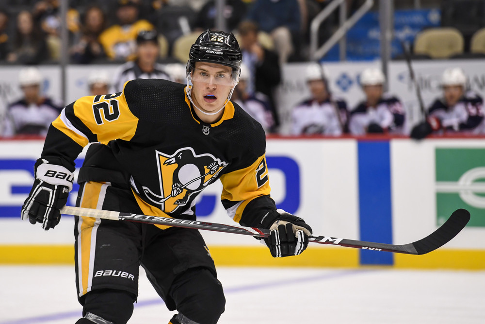 PITTSBURGH, PA - SEPTEMBER 19: Pittsburgh Penguins right wing Samuel Poulin (22) looks on during the first period in the NHL game between the Pittsburgh Penguins and the Columbus Blue Jackets on September 19, 2019, at PPG Paints Arena in Pittsburgh, PA. (Photo by Jeanine Leech/Icon Sportswire)