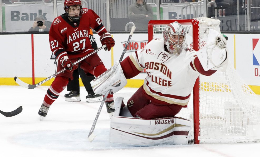 BOSTON, MA - FEBRUARY 10: Boston College Eagles goaltender Spencer Knight (30) makes a glove save during the Beanpot consolation game between the Harvard Crimson and the Boston College Eagles on February 10, 2020, at TD Garden in Boston, Massachusetts. (Photo by Fred Kfoury III/Icon Sportswire)