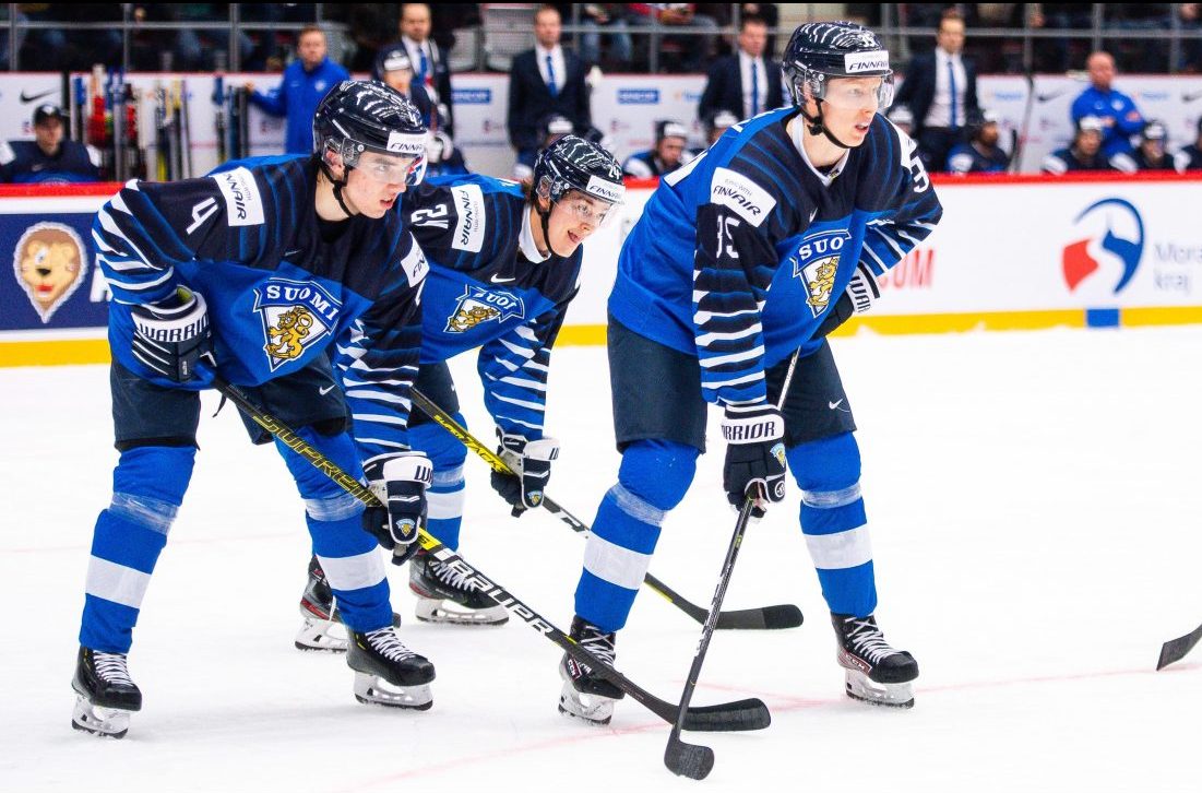Ville Heinola, Aku Räty of Finland during the 2020 IIHF World Junior Championship game between Finland and Slovakia on December 28, 2019 in Trinec. Photo: Simon Hastegård / BILDBYRÅN