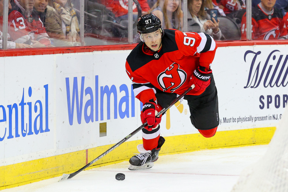 NEWARK, NJ - FEBRUARY 20:  New Jersey Devils left wing Nikita Gusev (97) skates during the National Hockey League game between the New Jersey Devils and the San Jose Sharks on February 20, 2020 at the Prudential Center in Newark, NJ.  (Photo by Rich Graessle/Icon Sportswire)