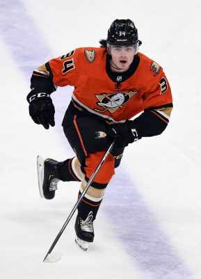 ANAHEIM, CA - MARCH 18: Anaheim Ducks Defenseman Jamie Drysdale (34) making his NHL debut is on the ice during a game against the Arizona Coyotes played on March 18, 2021 at the Honda Center in Anaheim, CA. (Photo by John Cordes/Icon Sportswire)