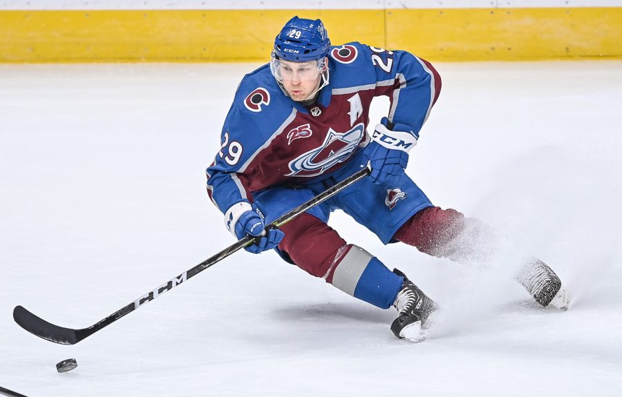 DENVER, CO - JANUARY 26: Colorado Avalanche center Nathan MacKinnon (29) skates during a game between the San Jose Sharks and the Colorado Avalanche at Ball Arena in Denver, Colorado on January 26, 2021. (Photo by Dustin Bradford/Icon Sportswire)