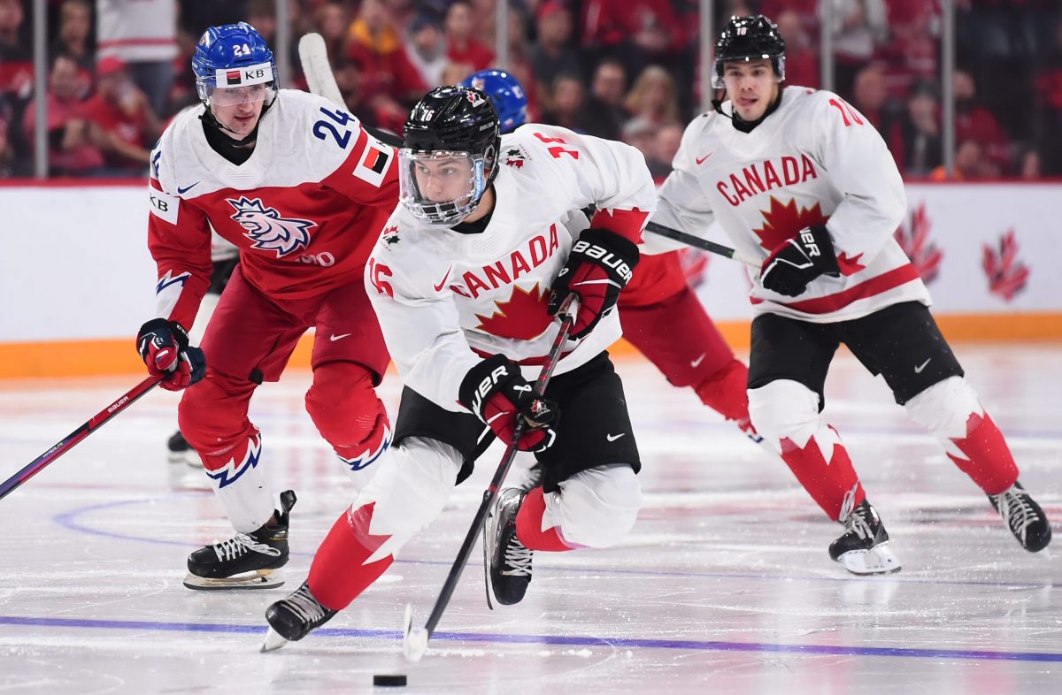 Team Canada with captain Connor Bedard, CAN U18 Nr. 16 sad after