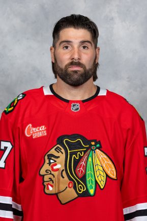 CHICAGO, ILLINOIS - SEPTEMBER 18: Patrick Maroon #77 of the Chicago Blackhawks  poses for his official headshot for the 2024-2025 at the United Center on September 18, 2024 in Chicago, Illinois. (Photo by Chase Agnello-Dean/NHLI via Getty Images)