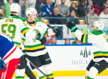 Sam Dickinson celebrates a goal against the Kitchener Rangers